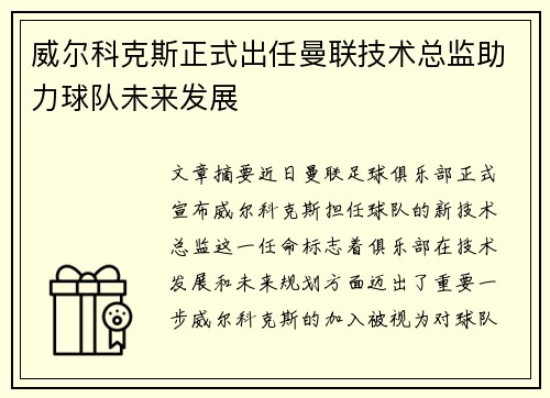 威尔科克斯正式出任曼联技术总监助力球队未来发展